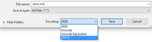 Windows Notepad Save As Dialog showing the encoding drop down list